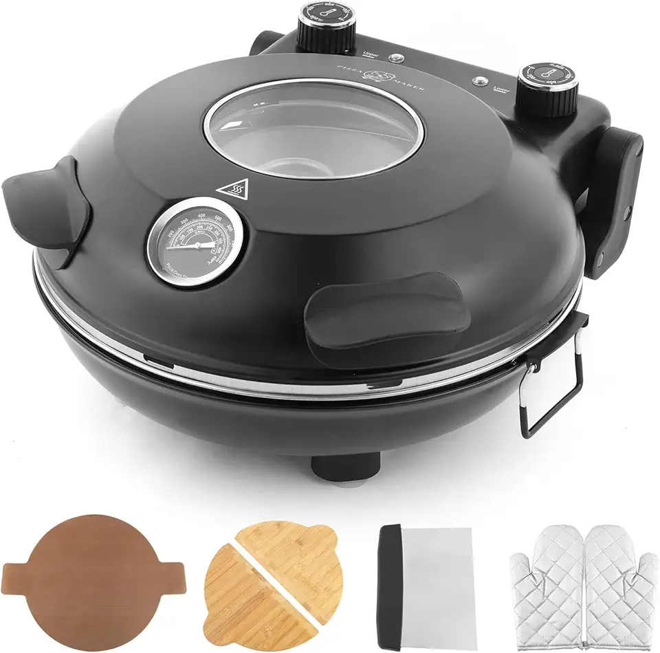 KLAIF Forno elétrico de pizza de bancada de 30 cm com pedra cerâmica, controles de temperatura ajustáveis duplos, inclui 4 ferramentas de pizza (preto)