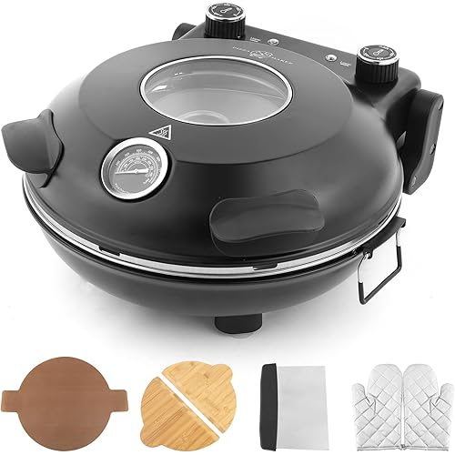 KLAIF 12" Electric Countertop Pizza Oven Indoor With Ceramic Stone, Dual Adjustable Temperature Controls, Includes 4 Pizza Tools, LMR-Black