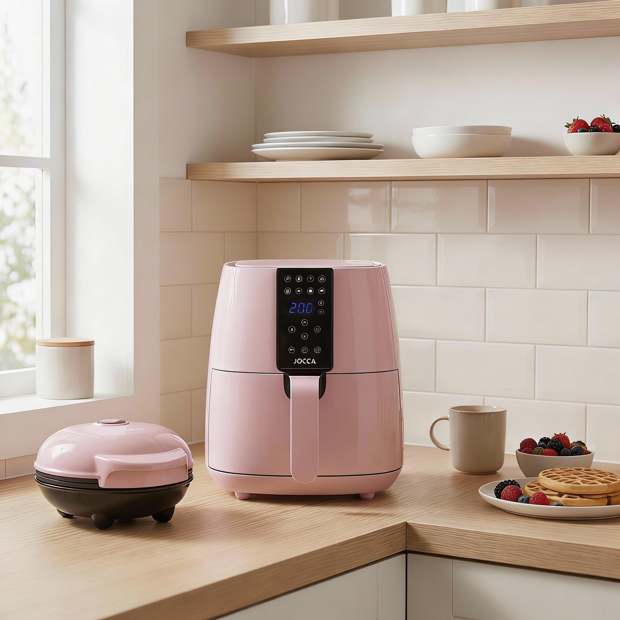 Jocca - Gofrera Redonda - Placas Antiadherentes - 500 W - Diámetro 12 cm - Rosa