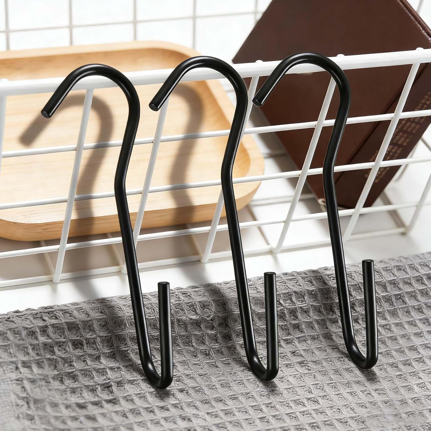 ESFUN 12 Pack 90 Degree Twist Angled Hooks, Heavy Duty Black Pot Rack Hooks Pot Holder Pan Hanger S Hooks Wire Shelf Hooks for Hanging Kitchen Utensils, Pots, Pans, Clothes, Towels, Plants