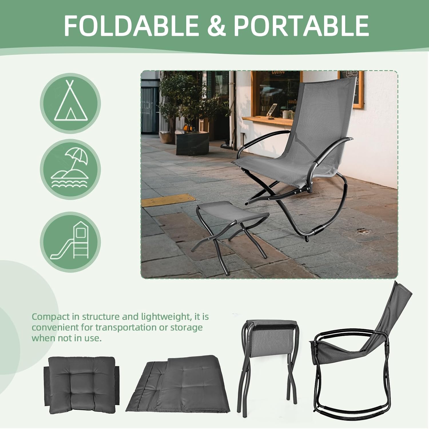 Rocking Folding Chair Recliner Chair with Ottoman Puffy Cushion Suitable for Porch Deck, Garden, Patio Lounge and Stool Set, Gray Textilene Fabric