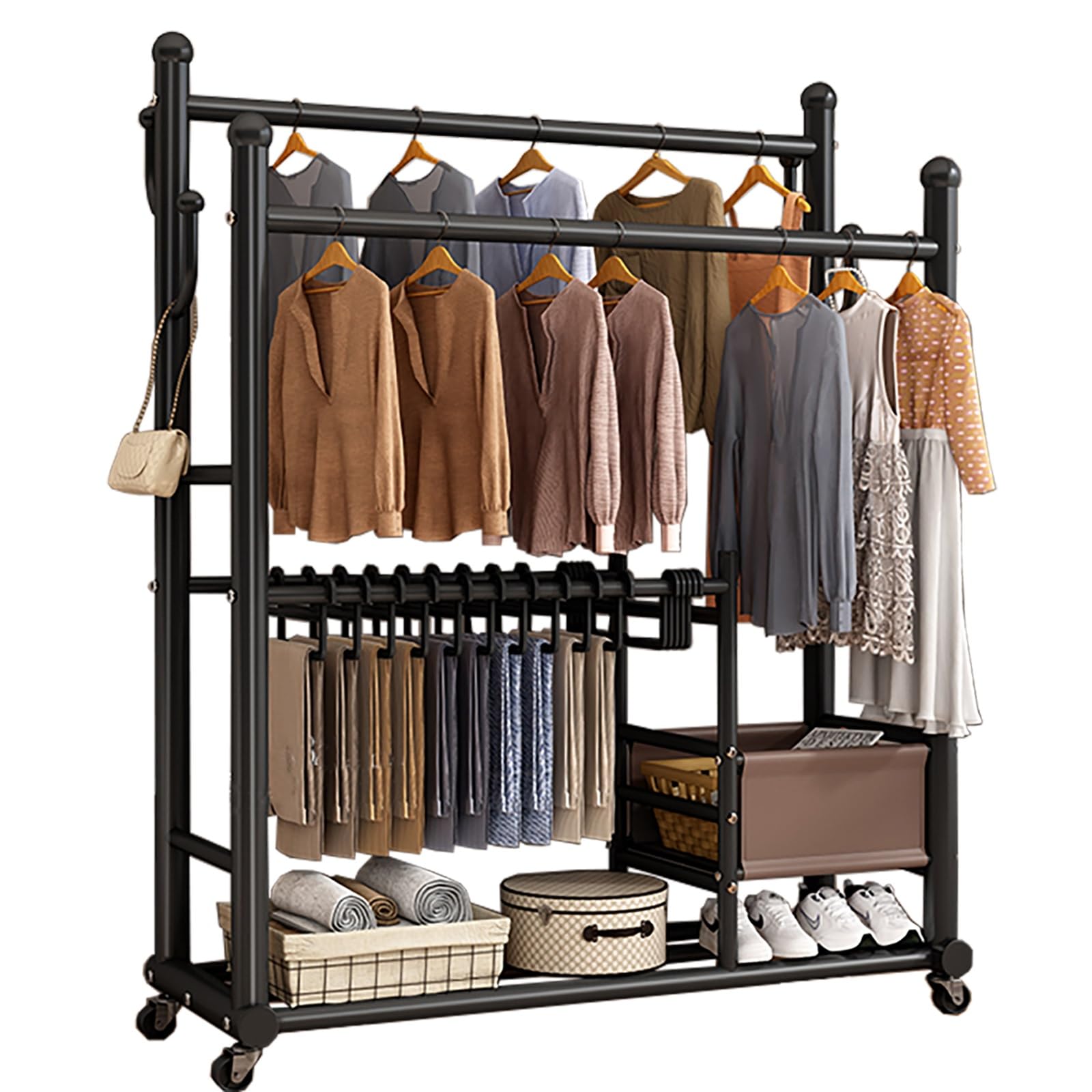 Robusto rollbarer Kleiderständer aus Metall mit 2 Haken ideale per Garderobe Waschküche Schlafzimmer Schwarz 100 cm / 39 4 Zoll - platzsparend & mobil