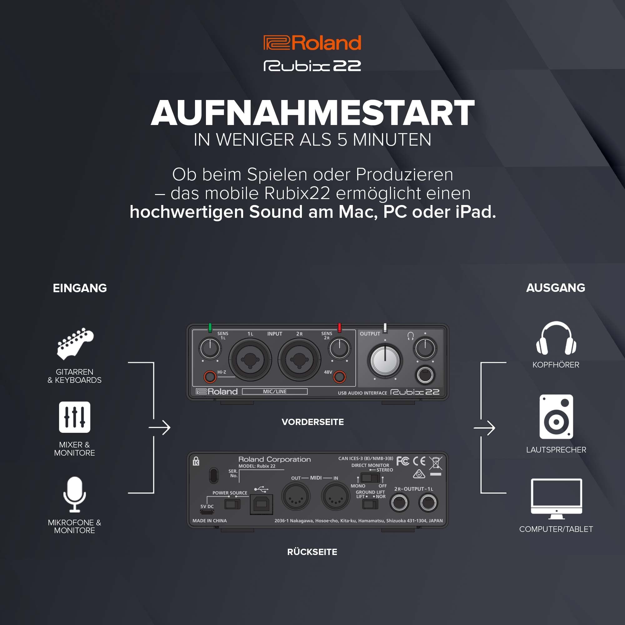 Roland Rubix22 | 2‑In/2‑Out USB Audio Interface | Hochauflösende Audioqualität | Aufnahme von Mikrofonen, Gitarren & Keyboards | Kompatibel mit Mac, PC & iPad