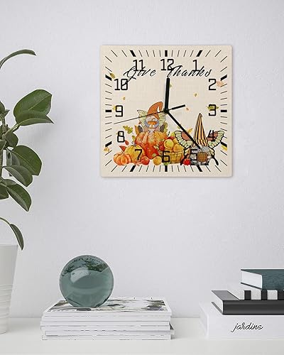 Miniatura 3 de Fall Thanksgiving Wooden Wall Clock Silent Non Ticking, Give Thanks Gnomes Pumpkins Square Wall Clock Battery Operated, Decor Clock for Home Office,