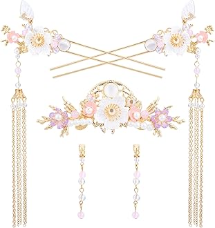 5pcs Flower Tassels Hairpin for Women, Non-Slip Rhinestone Pearl Clover Hair Clips Headpiece, Retro Chinese Hanfu Wedding Brides Hair Accessories for Long Hair