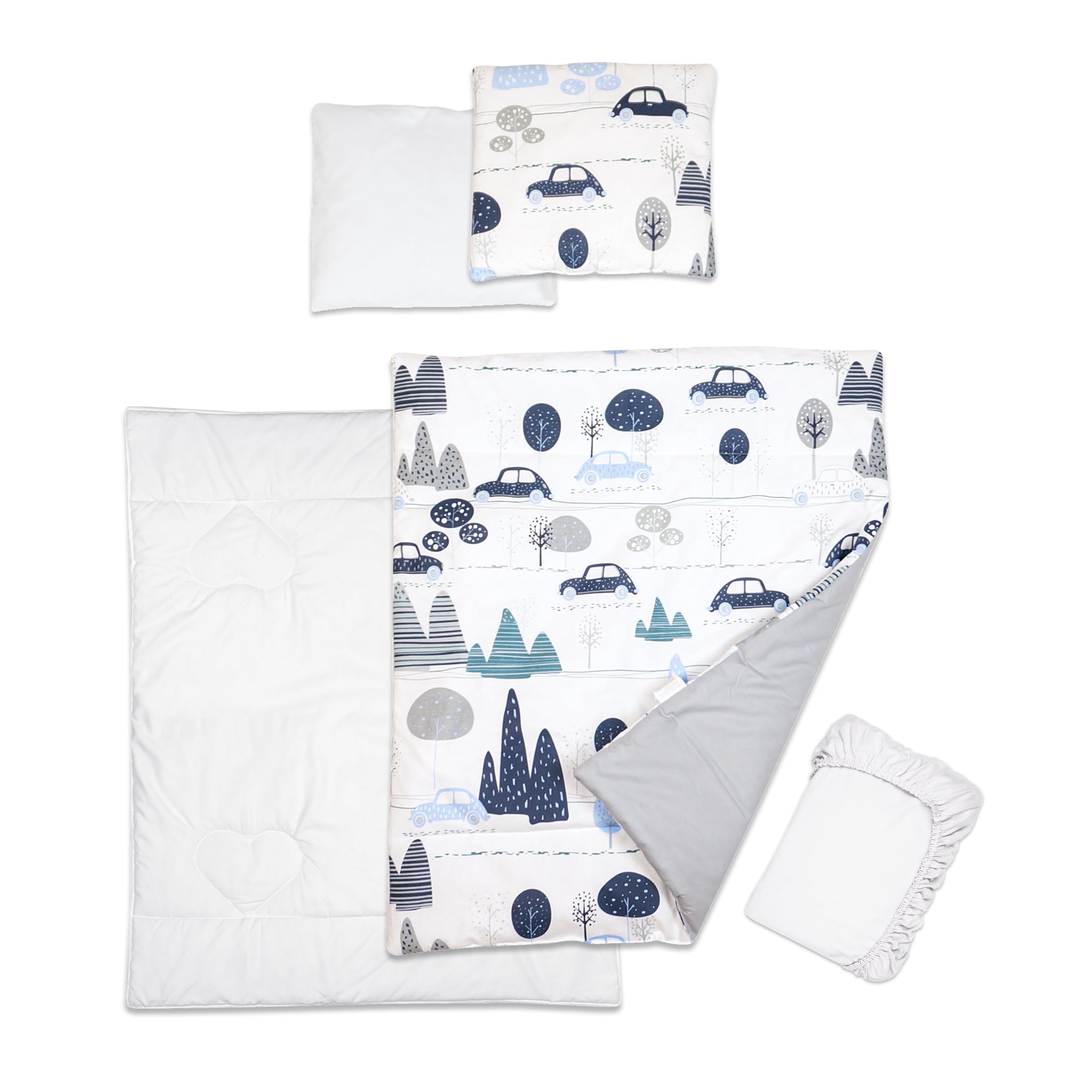 Baby Comfort 5 Piece Toddler Bedding Duvet Pillow with Covers & Jersey Sheet fits 100x50cm Travel Cot 12M+ (Cars)