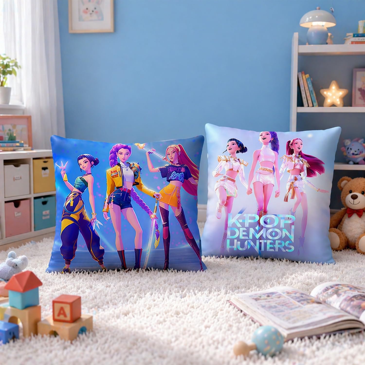 K-pop Pillow Covers 18x18 Set of 2, Korea Pop Fantasy Hunter Decorative Throw Pillow Cases, Polyester Cushion Covers with Hidden Zipper for Sofa Bedroom Dorm Party Room Decor, Inserts Not Included