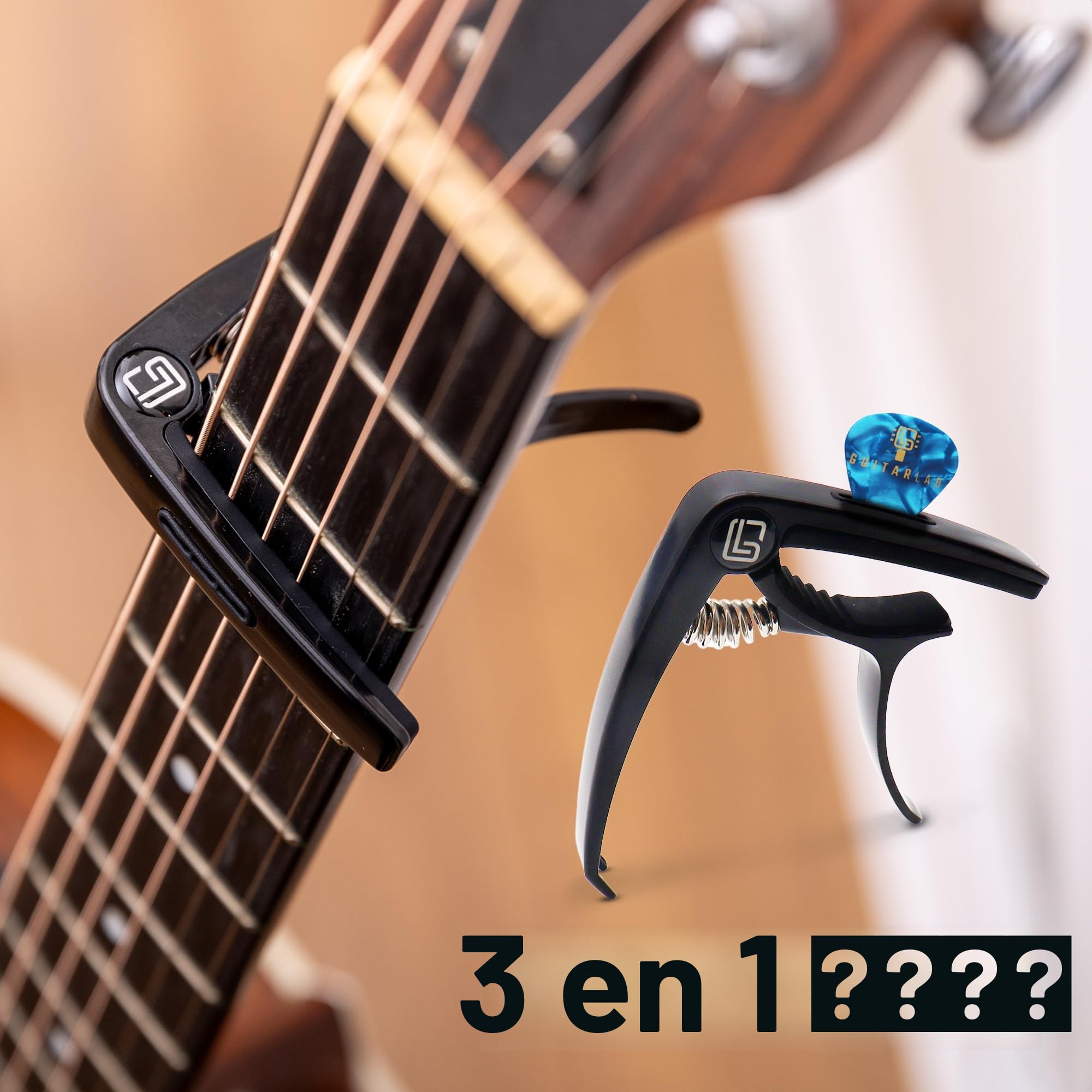 Guitar Lab Kit de accesorios para guitarra – Caja metálica resistente con correa, capodastro, afinador electrónico con clip y púas - Idea de regalo
