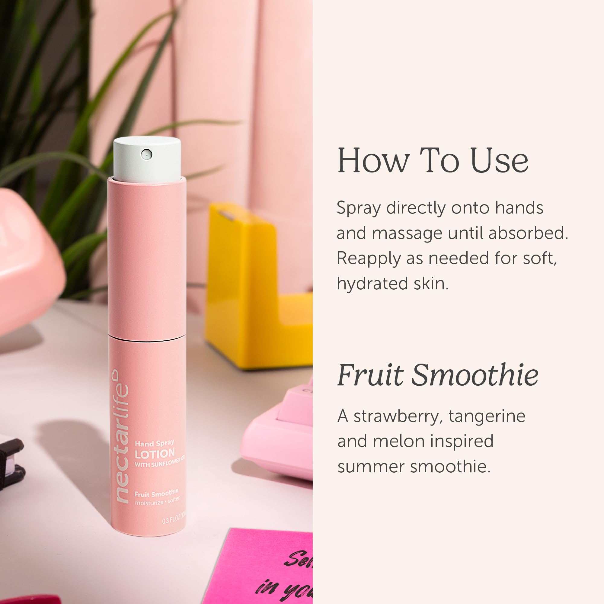 Nectar Life Feuchtigkeitsspendende Handsprühlotion, Frucht-Smoothie-Duft, 10 ml Reisegröße, leicht, nicht fettend, TSA-freundlicher Feuchtigkeitsnebel