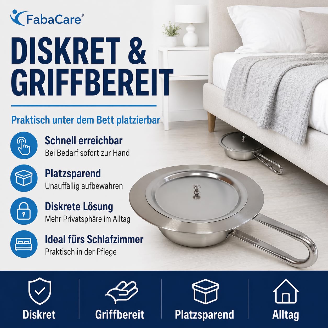 FabaCare Bettpfanne Edelstahl mit Deckel für Erwachsene, 2 Liter | Stechbecken 2 Liter für Pflege, Klinik & Zuhause – robust, hygienisch, leicht zu reinigen und diskret griffbereit