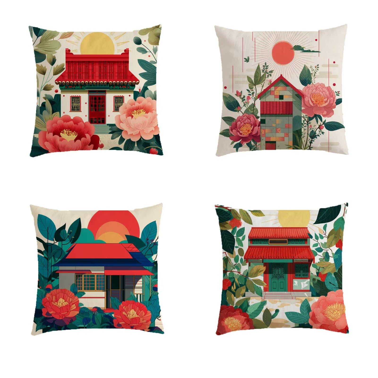 Housse coussin exterieur orange imperméable 70x70cm avec impression double face retro lot de 4