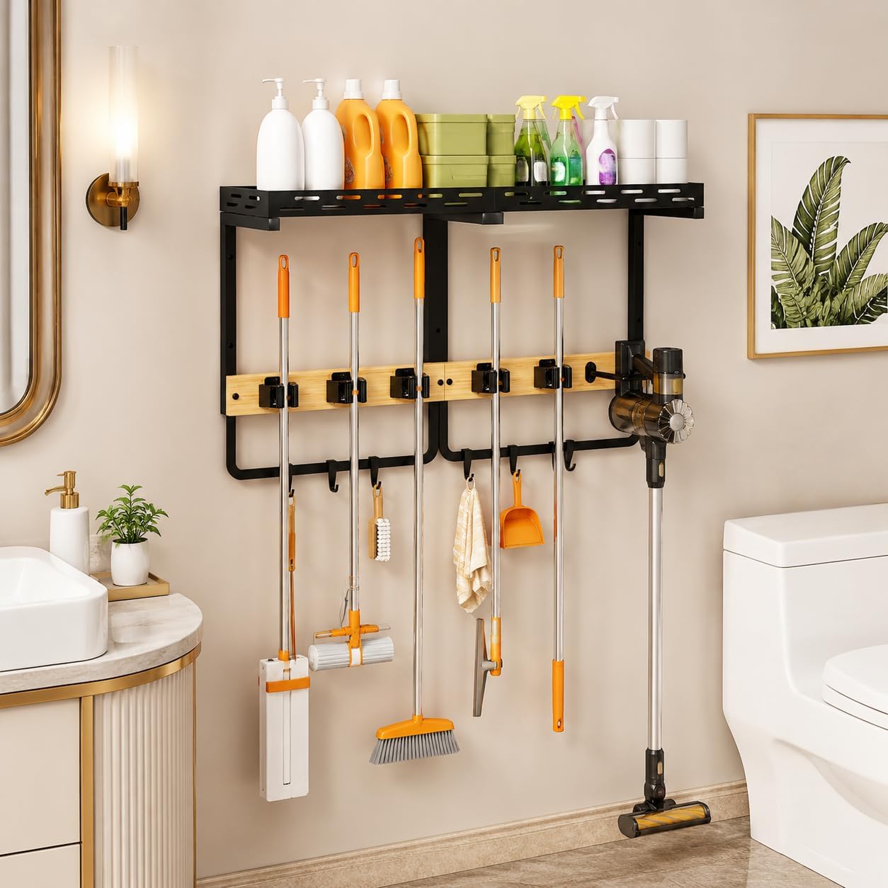 Broom and Mop Organizer Wall Hanging with Storage Shelf, 5 Tool Slots and 6 Hooks, Heavy Duty Metal Cleaning Tool Wall Mount Rack with Vacuum Hanger for Garage, Laundry Room, Kitchen image 2
