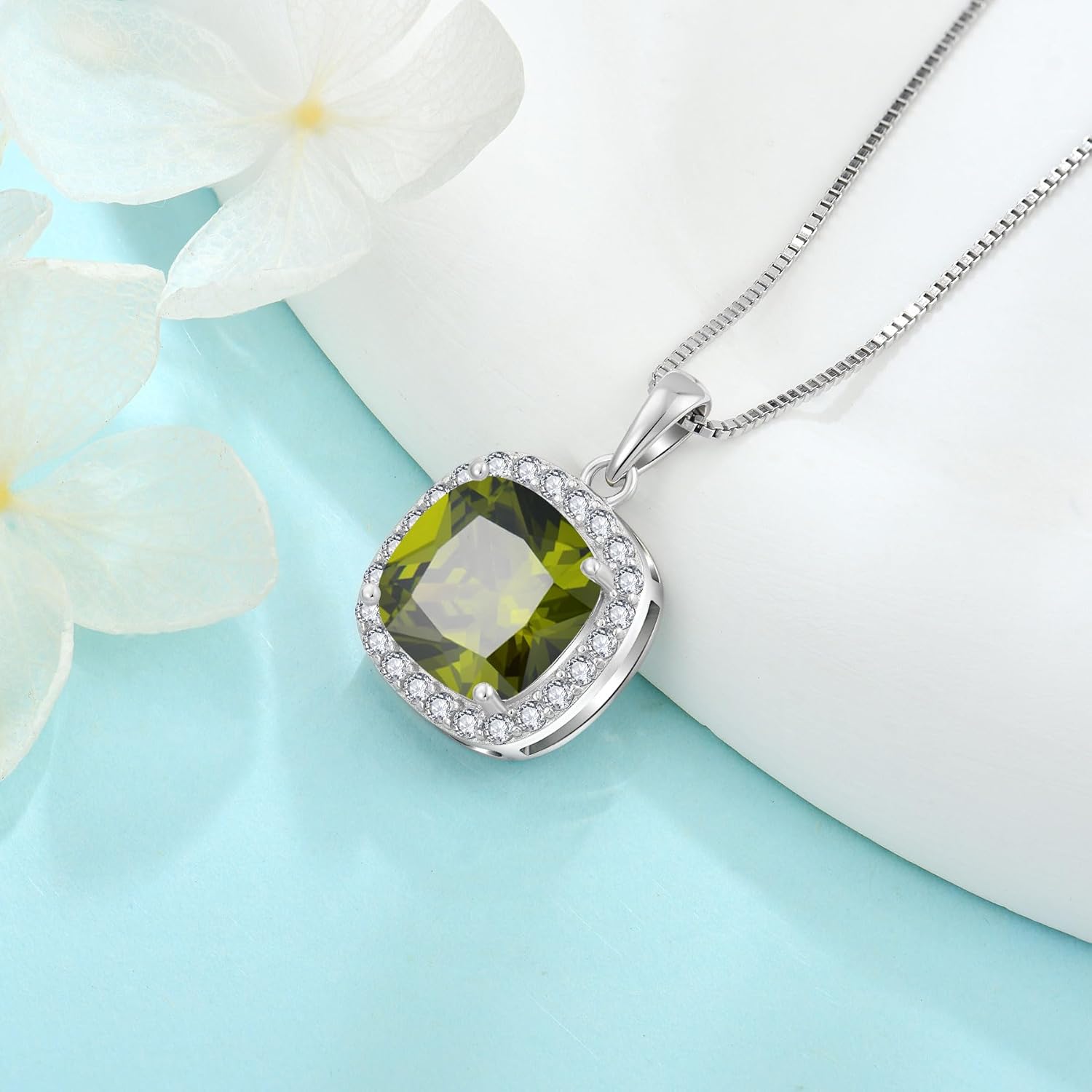 Birthstone Necklace for Women 925 Sterling Silver Princess Cut Halo Necklace Pendant Jewelry Gifts for Her - Image 5