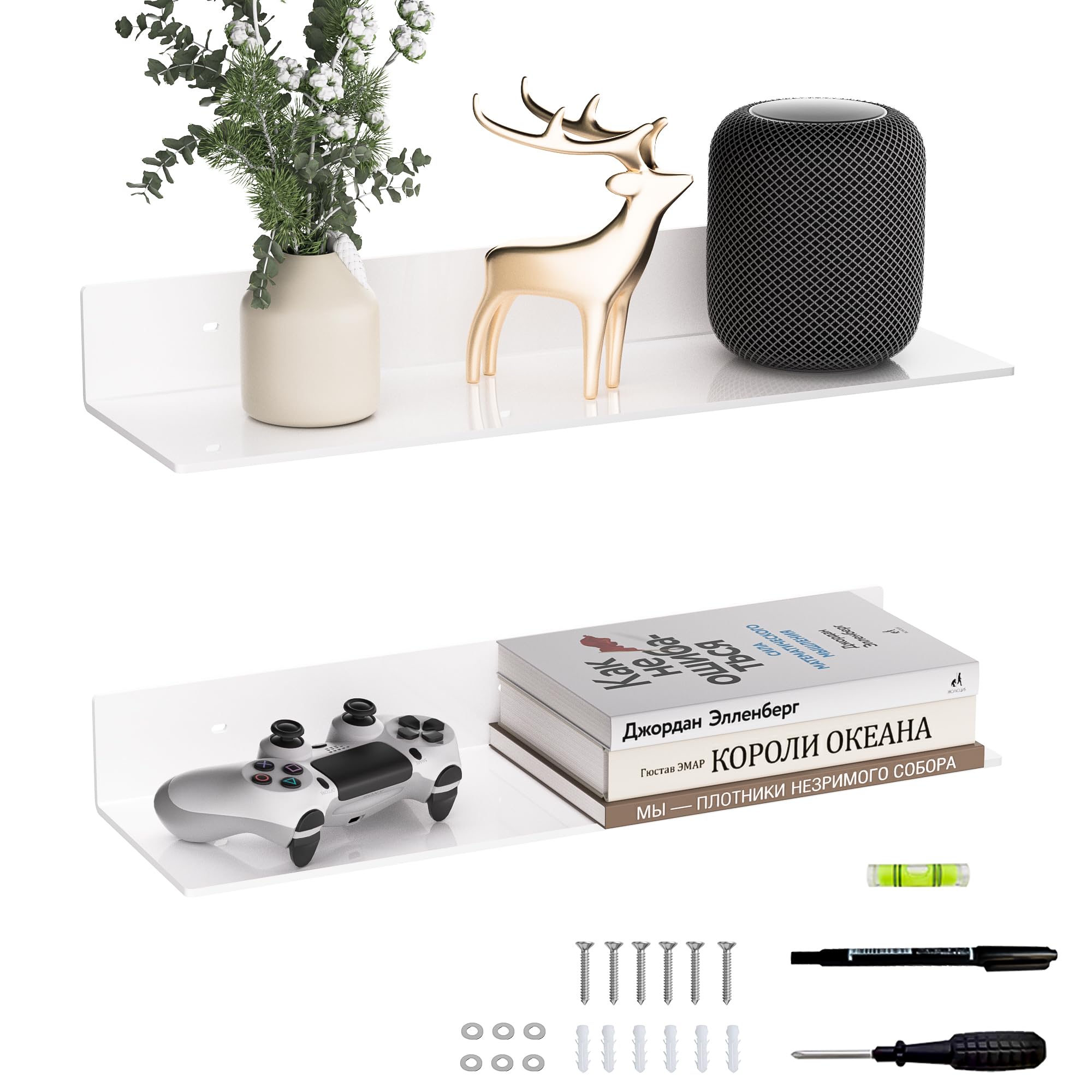 Sezanrpt 20 Inches Acrylic Wall Shelves 2 Pack, Floating Shelf for Wall Mounting, Acrylic Display Ledges for Funko Pop Figures, Home Décor, Living