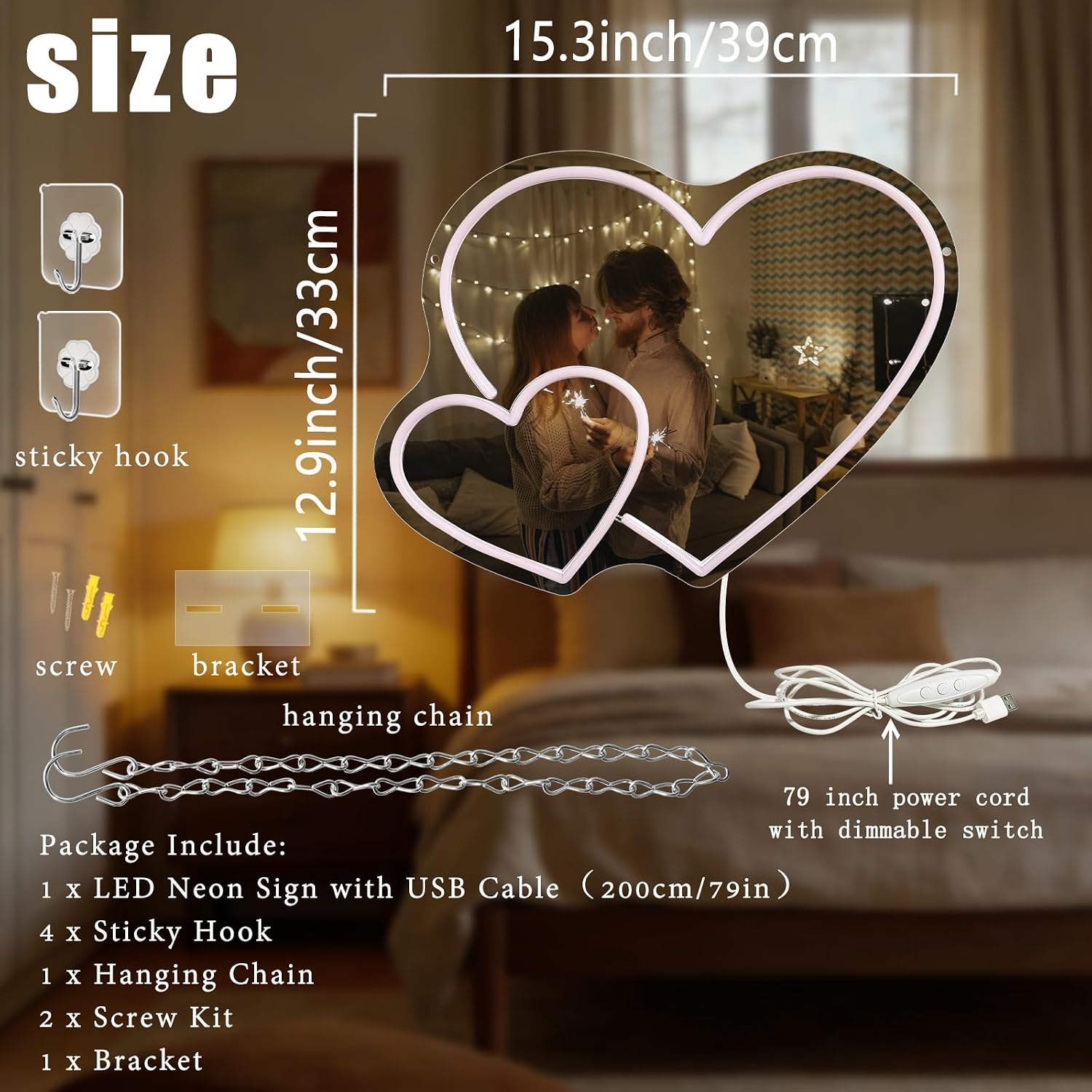 Heart Neon Sign Mirror Dimmable Love Led Neon Light with Acrylic Bracket for Wall Decor Pink Hearts Neon Light Sign Mirror for Girls Bedrooms Birthday Party Makeup Room Studio Store Kids Presents