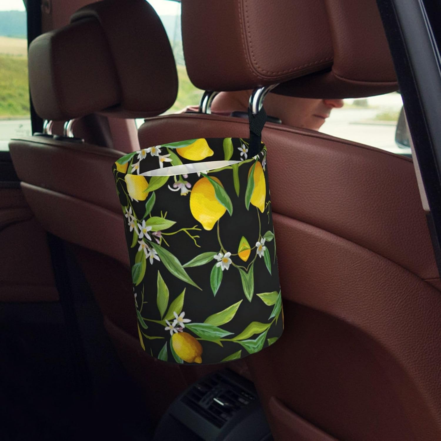 Lemon and Flower Print Car Garbage Can Waste Basket for Cars - Back Seat, Floor, Cars Accessories