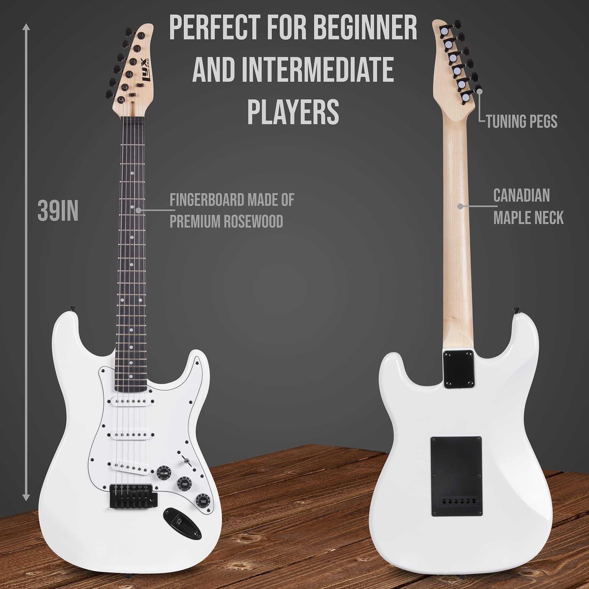 LyxPro CS 39” Electric Guitar Kit for Beginner, Intermediate & Pro Players with Guitar, Amp Cable, 6 Picks & Learner’s Guide | Solid Wood Body, Volume/Tone Controls, 5-Way Pickup - White