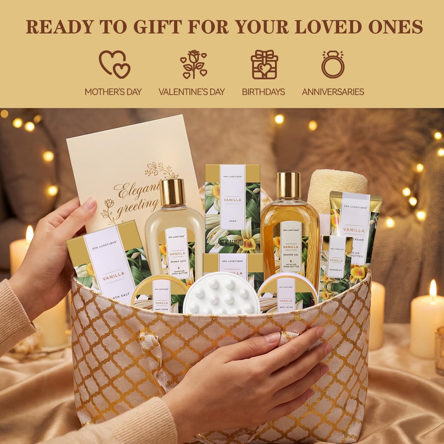 SPA LUXETIQUE 15 tlg. Bade Geschenkset für Frauen Vanilleduft mit Duschgel, Haarkappe & Handtasche