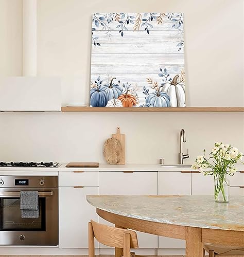 Miniatura 6 de Lienzo decorativo para pared con diseño de calabaza otoñal, diseño de calabazas de color azul, blanco y naranja degradado, grano de madera rústica,