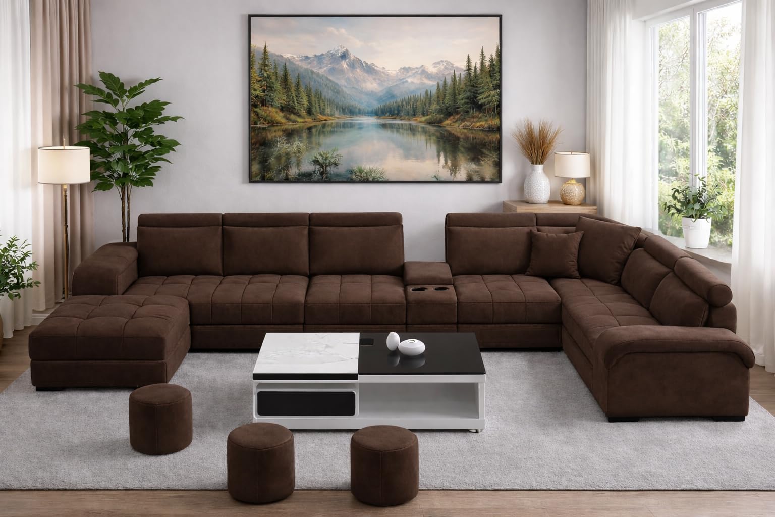 CASAMONK FURNITURE Opulence U Shape Sofa Set for Living Room 12 Seater |(Brown) Premium Velvet Fabric Sectional Sofa Couch with 3 Puffy & Ottoman | Large Modular U-Shaped Sofa Set