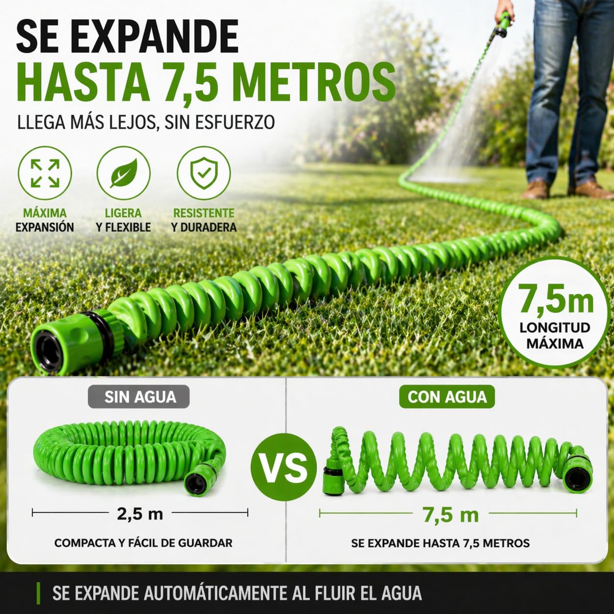 Manguera jardín espiral extensible hasta 7.5M con Pistola Rociadora 7 modalidades de riego. ideal balcones, terrazas y jardines. Manguera de agua.