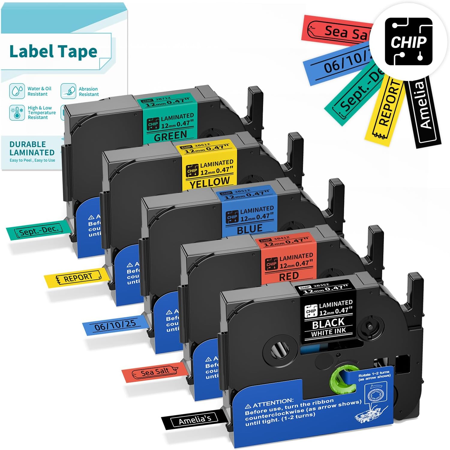 Classic Color BZ Tapes for D210S H1100 E1000 Label Maker, 12mm 0.47 Laminated CHIP Label Tapes Refills, Black(3B35Z) Red(3B41Z) Blue(3B51Z) Yellow(3B61Z) Green(3B71Z), 5-Packs