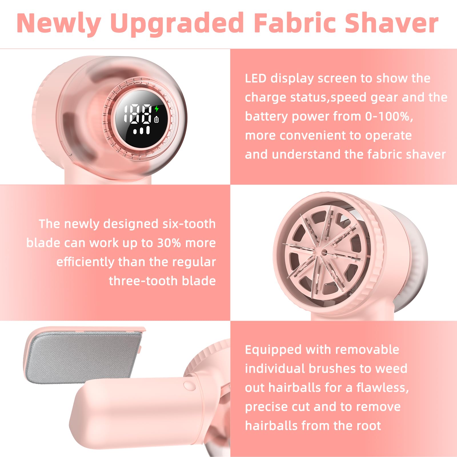 Rasoir à Peluches Électrique Portable 6 Lames - 3 Vitesses, Écran LED, Recharge USB - Enlève Bouloches Sur Vêtements, Pulls, Canapés (Rose)