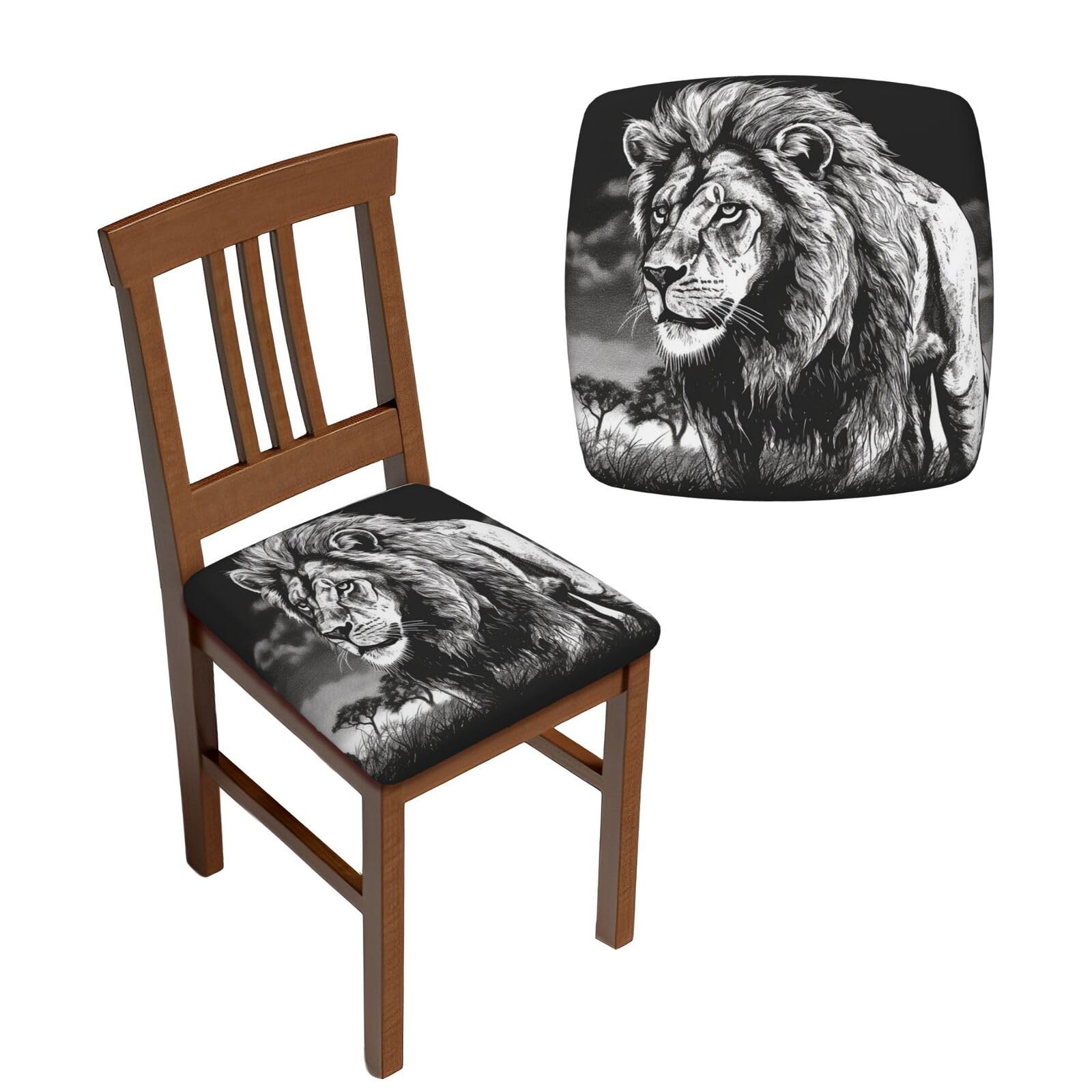 NONHAI 6PCS Dining Chair Seat Covers Set Lion Black White Illustration Stretch Removable Chairs Covers Washable Seat Cushion Slipcovers Protector for Dining Room Kitchen Chairs