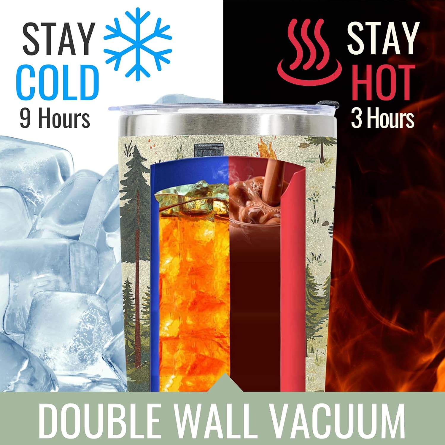 Onebttl Camping Gifts for Women, Men, Cool 20oz Stainless Steel Skinny Tumbler with Lid & Straw, Unique Gift for Camping Lovers - All-over Print