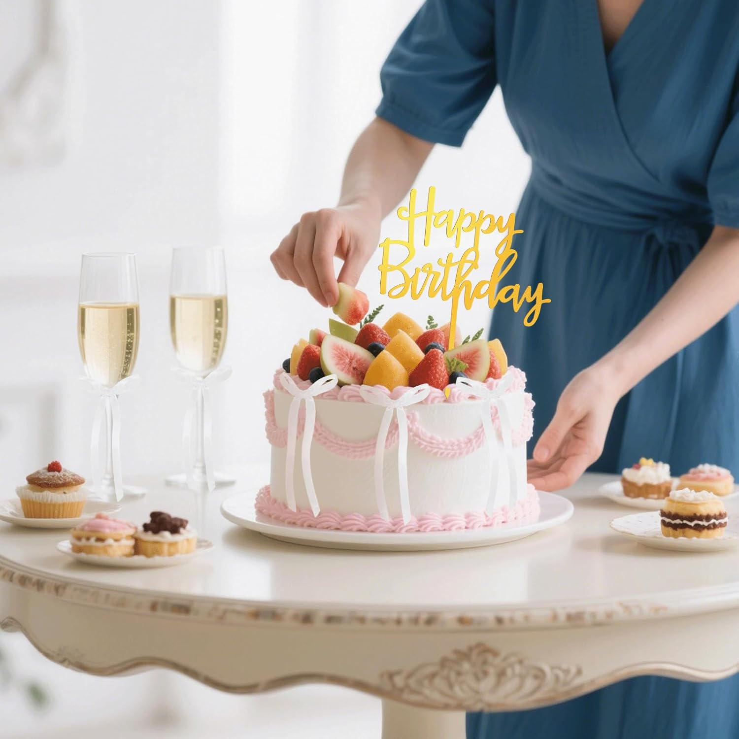 7Pcs White Bow Cake Toppers, White Bows for Cake, Happy Birthday Bowknot Cakes Topper Decoration for Birthday, Wedding, Anniversary, Party - Image 3