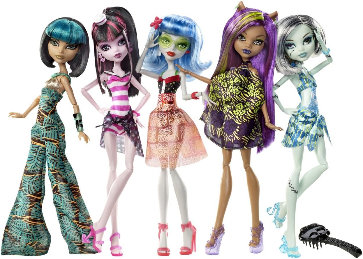 Set of 5 MONSTER HIGH SKULL SHORES Dolls Exclusive Cleo, Frankie, Clawdeen & Draculaura, Ghoulia yelps