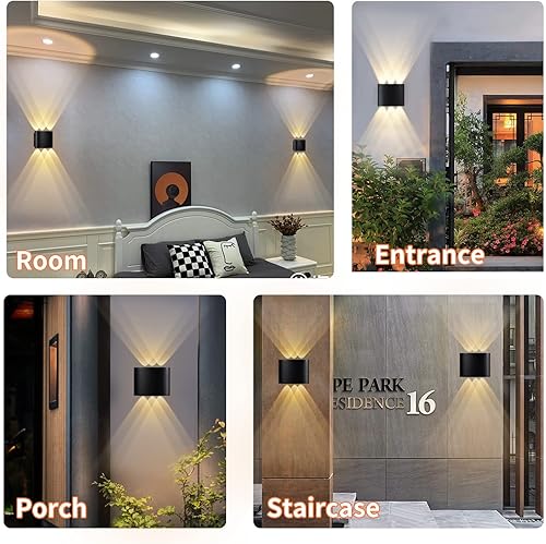 Miniatura 4 de LANFU Lámpara de pared moderna de 6 W para porche al aire libre, IP65 impermeable, luz cálida de 3000 K, aplique de pared negro para patios, jardín,