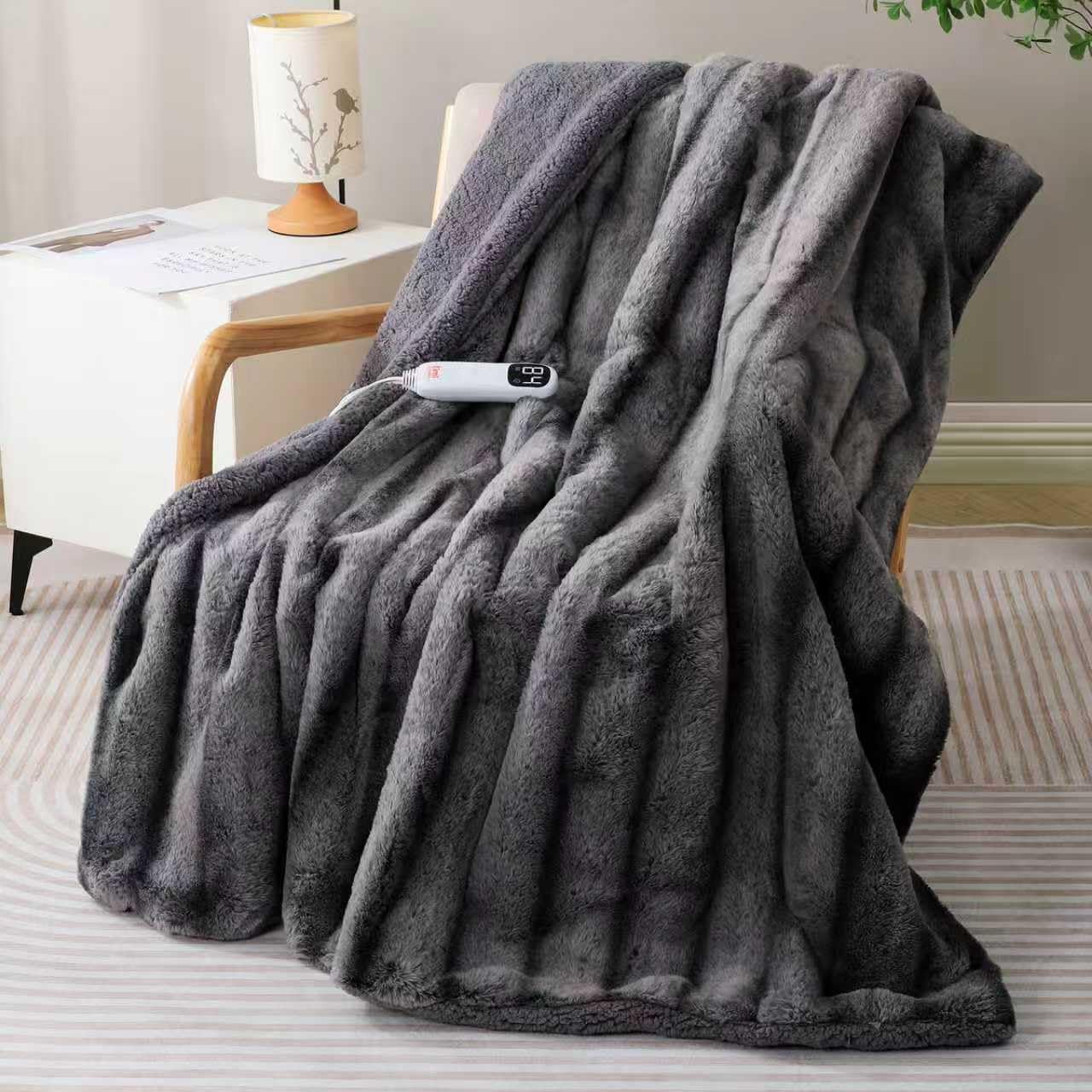 Heated Blanket - 130x160cm Soft Plush Thick Faux Fur Electric Blanket for Sofa with 5 Heat Levels & 10 Hours Auto-Off Overheat Protection, Warm Cozy Gifts, Grey - 130×160 - Grey