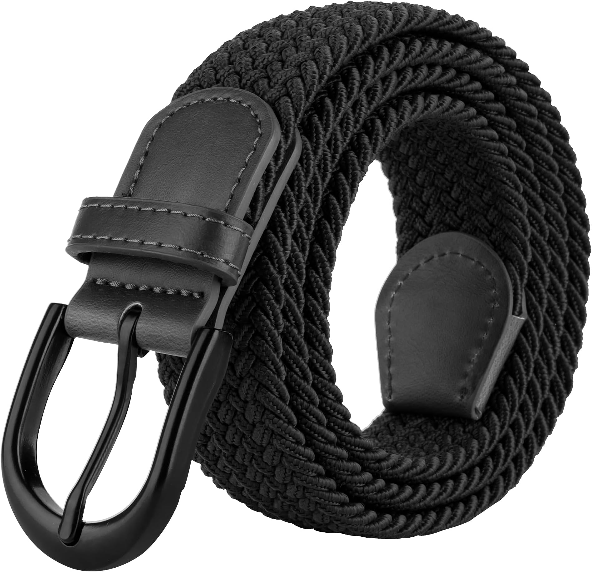 | Braided Stretch Elastic Belts | Pin Oval Solid Black Belt Buckle | PU Loop End Tip Men/Women/Junior Belt