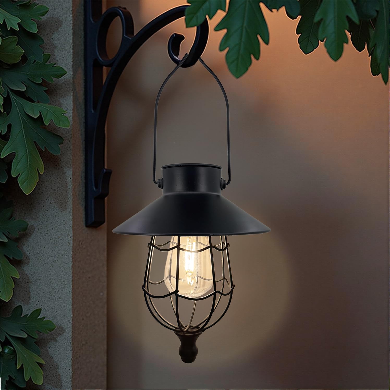 Faroles solares colgantes de metal vintage para exteriores, luz blanca cálida, lámpara solar impermeable, diseño de bombilla Edison para camino, jardín, patio, decoración de árbol (1 paquete negro)