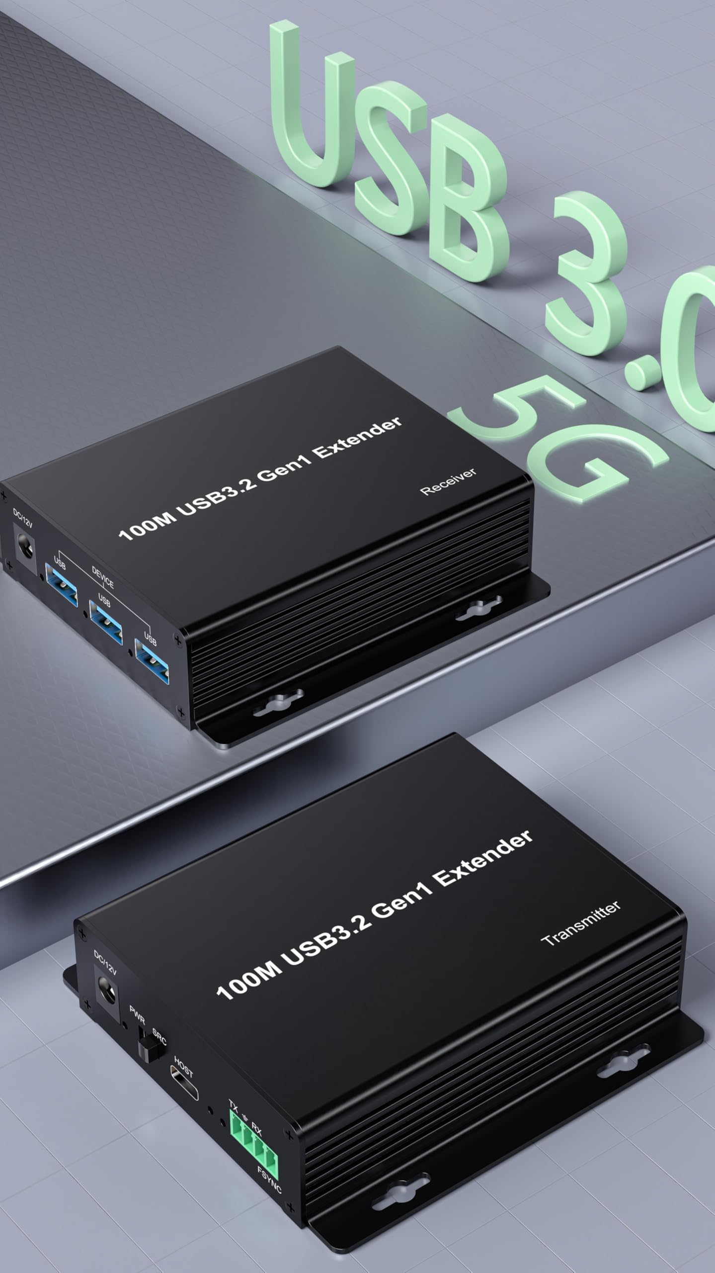 PremiumCord Extender USB 3.2 a 4 Porte su Cat5E/Cat6/Cat6A fino a 100 m, 5 Gbps, RJ45, Ethernet, Custodia In Metallo, Nero