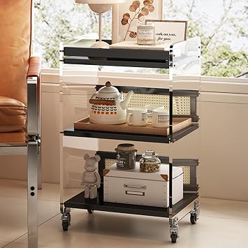 Modern Acrylic Side Table,Rolling Bar Cart with Storage Shelf Black,L11.75