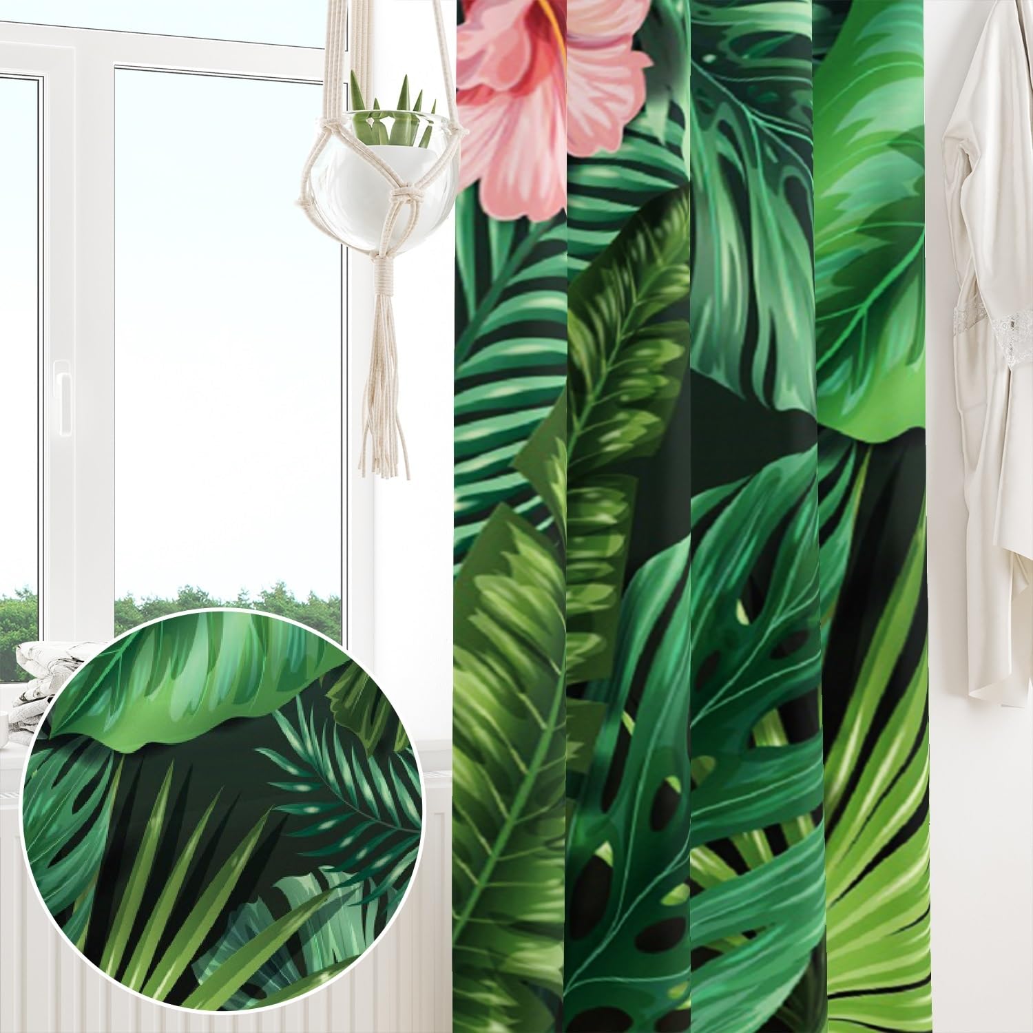 107x160cm Rideaux à œillets Feuilles Tropicales Feuilles de Palmier Vertes Fleur Rose Impression Rideaux isolants Thermiques occultants pour Chambre Salon Salle à Manger,2 Panneau