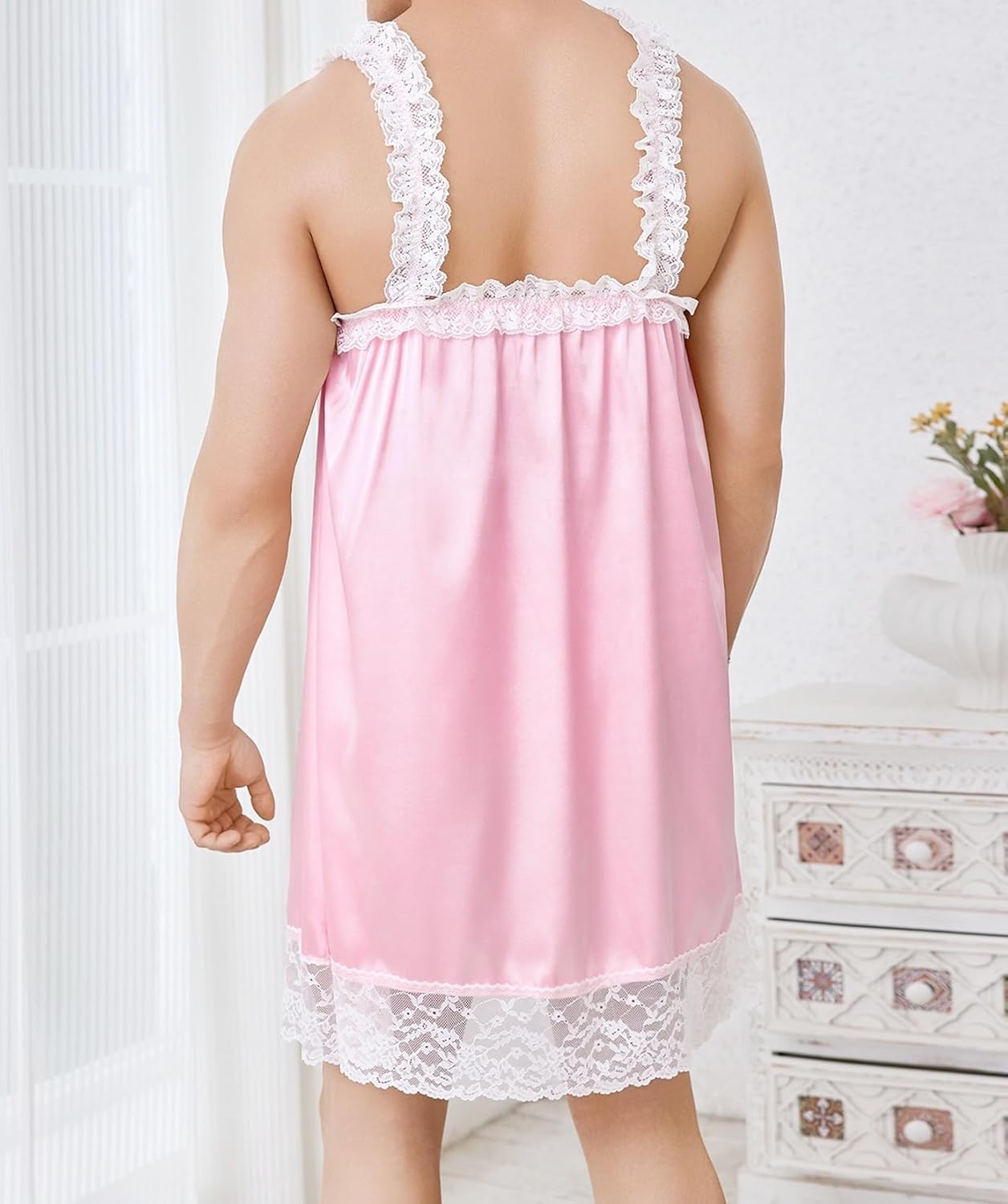 ABAFIP Men's Sissy Satin Babydoll Dress Lace Ruffle Nightgown Mini Nightdress Shiny Nightgown Nightwear - Image 3