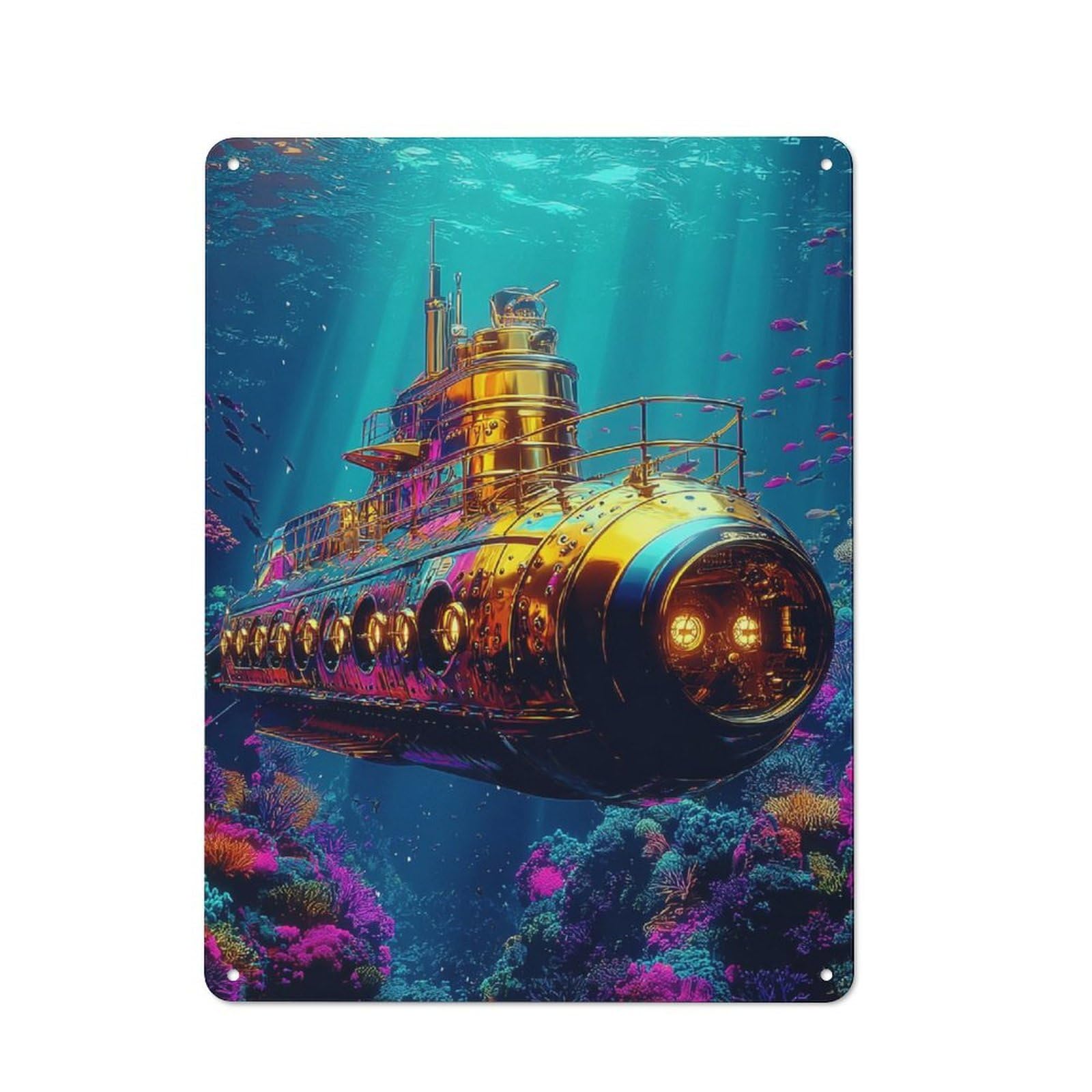 Junmoney Golden Submarine Adventure-3 Retro Metal Sign With Design 40X30cm, Distressed Look Retro Room Decor For Living Room, Hallway, Kitchen Or Cafe
