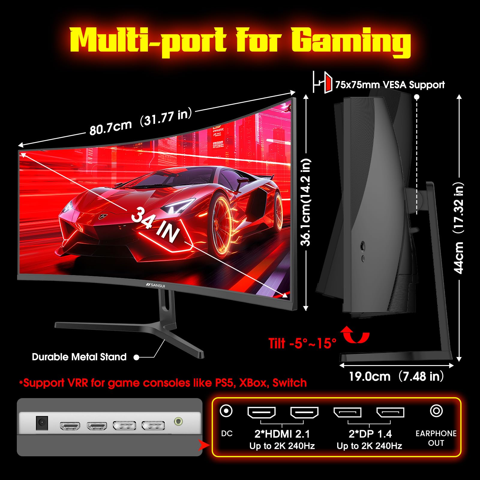 SANSUI 34 Inch 240Hz Curved Ultrawide UWQHD 3440x1440 Gaming Monitor, 21:9 2K Curved Monitor 1500R,Fast VA, PIP/PBP,AI Crosshair,AIPQ(Visual Enhance),MPRT 1ms,HDR,HDMI2.1 * 2,DP1.4 * 2(DP Cable Incl.)
