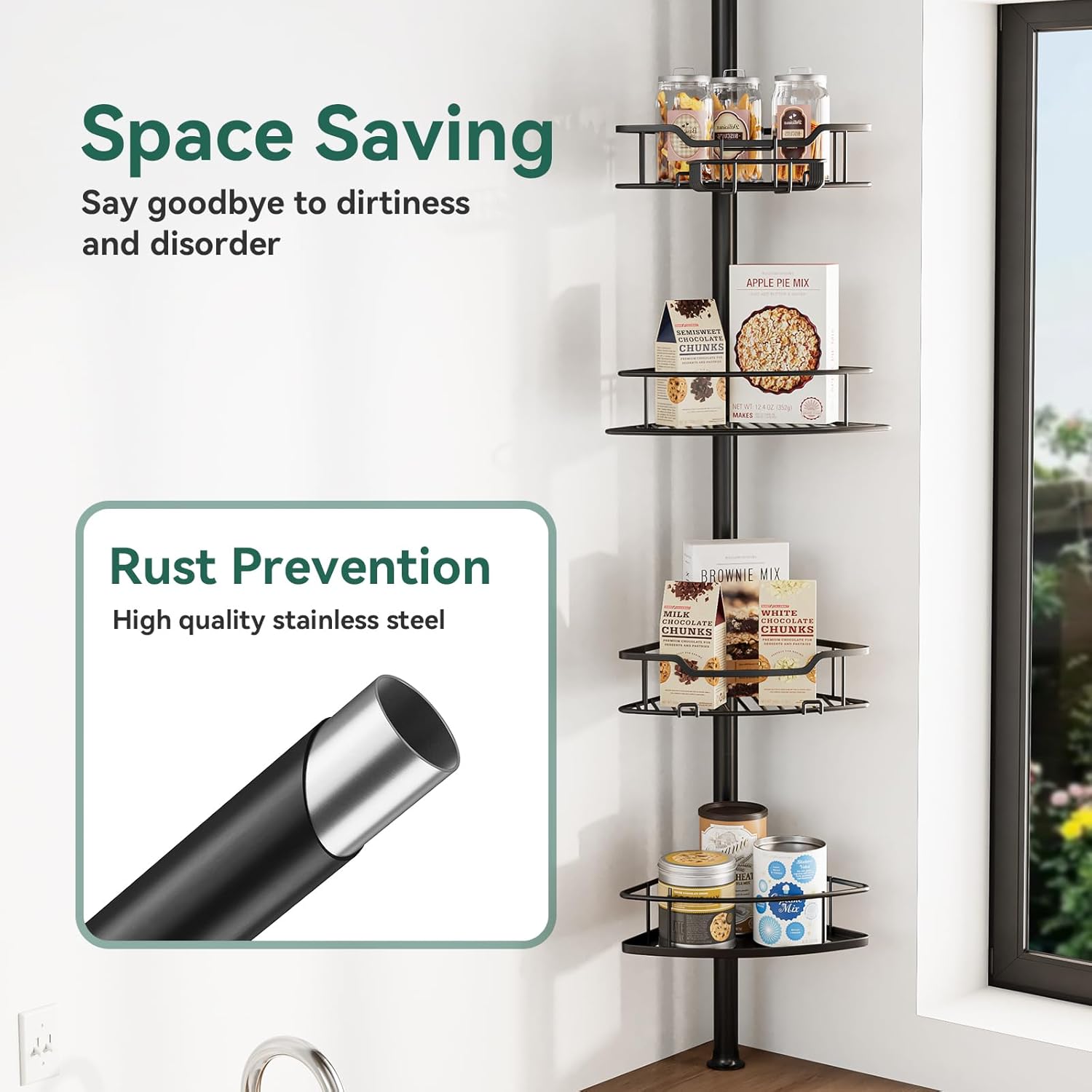 Corner Shower Caddy Tension Pole, 4 Tier Rustproof Shower Tension Rod Organizer, Adjustable 25-125 Inch Bathroom Shower Organizer Shelves for Bathtub Shampoo Storage, Black