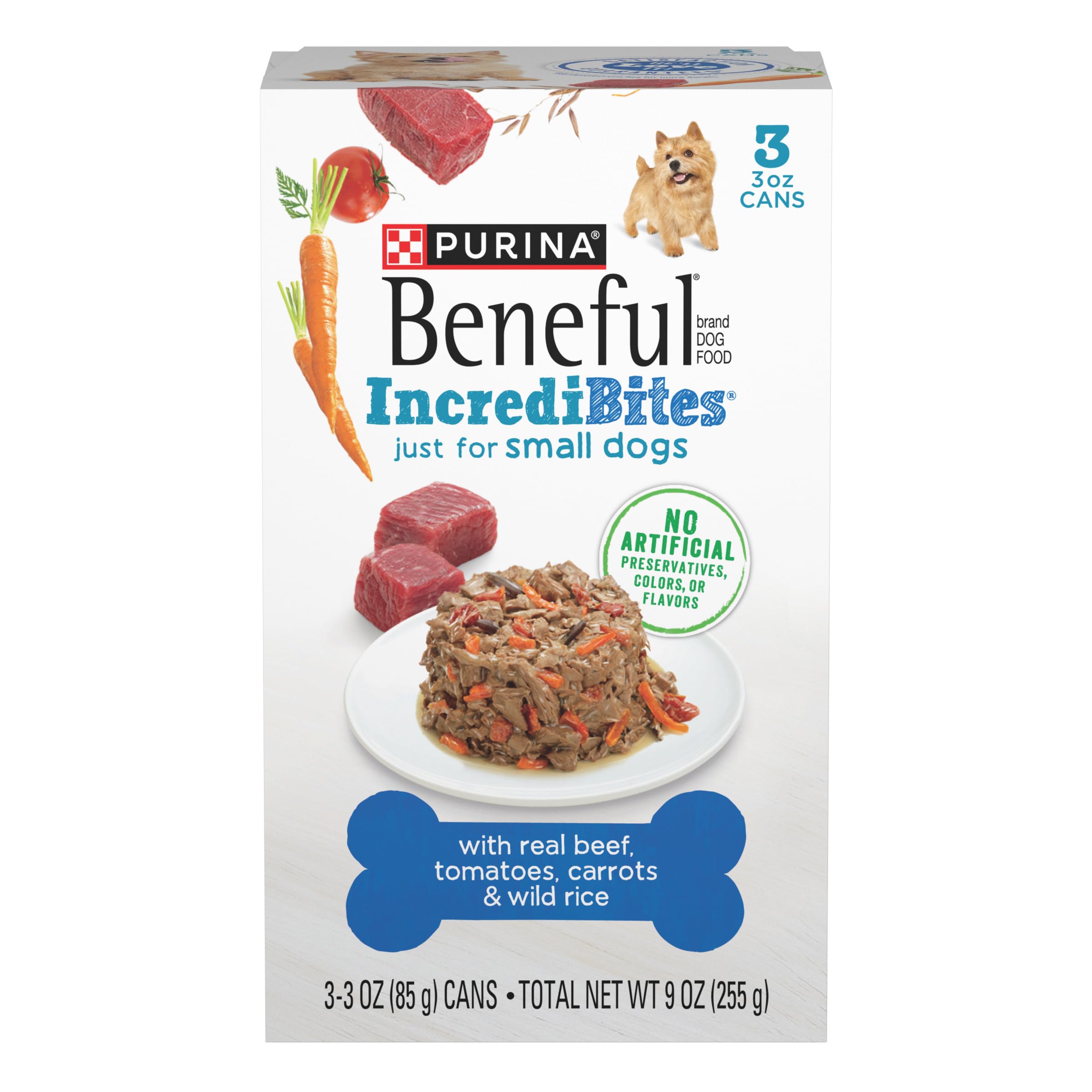 purina beneful small breed wet dog food with gravy, incredibites with real beef - (8 packs of 3) 3 oz. cans