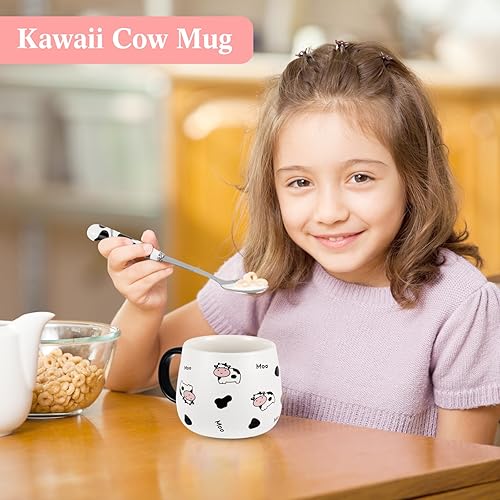 Miniatura 5 de Sabary 2 tazas de café de vaca, lindas tazas de café de fresa, tazas de café de vaca de cerámica con tapa y cuchara para té, leche, niños, mujeres,
