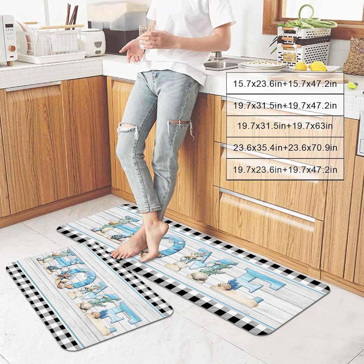 Prime Leader Beach Theme Home Kitchen Mat Set 2 Pieces Retro Shell Starfish Wood Grain Black Plaid Non Slip Kitchen Rugs Washable Runner Rug Mats for Sink Laundry (15.7" x 23.6"+15.7" x 47.2")