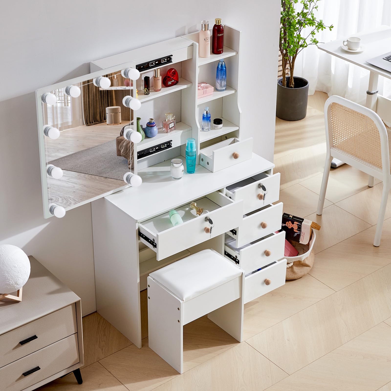 Lucaseone Vanity Desk with Lights,Makeup Vanity with Drawers, Vanity Set 3 Lighting Modes Brightness Adjustable, Dressing Table with Cushioned Stool for Bedroom (Modern LU06)