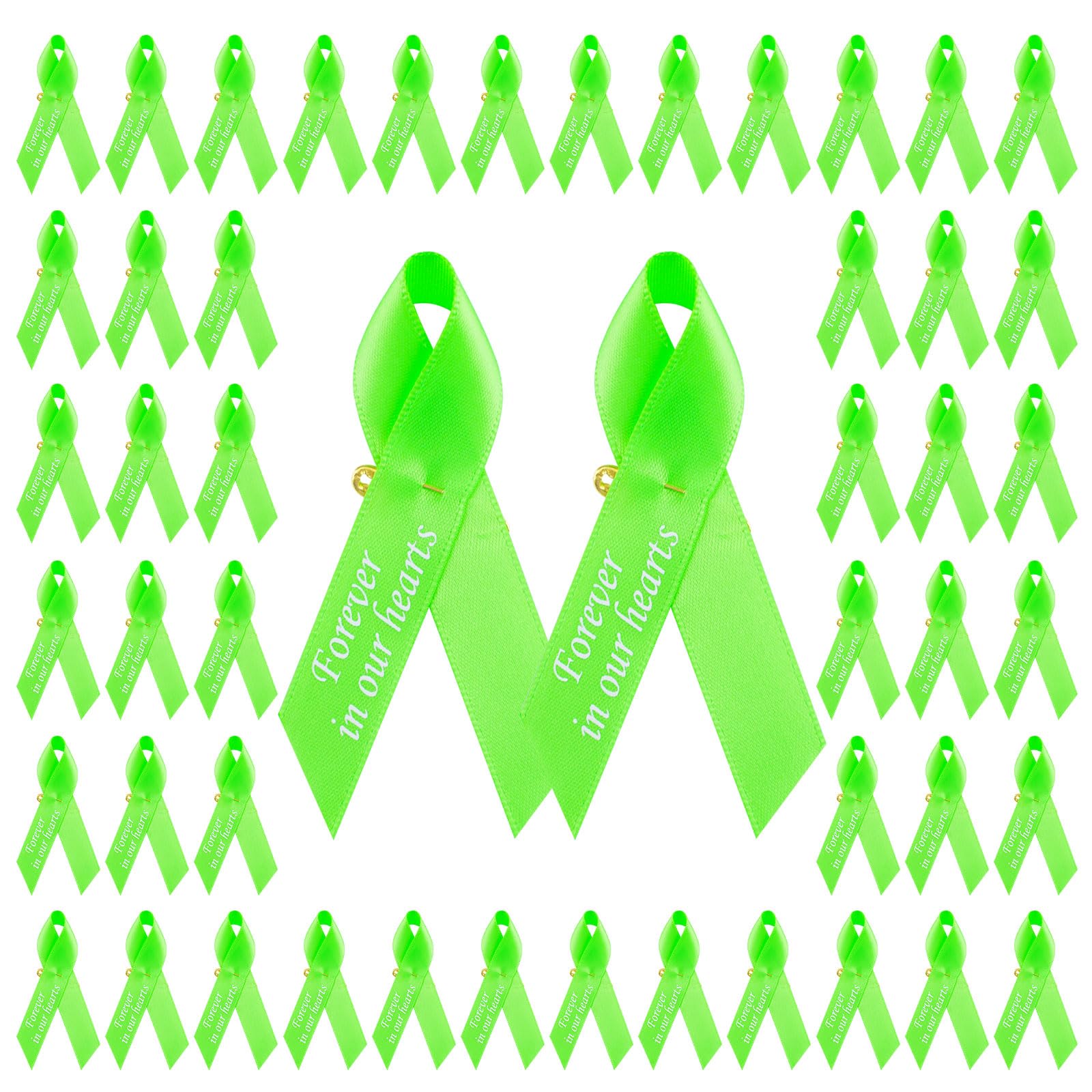 WANDIC 100pcs Lemon Green Ribbon Pins Mental Health Awareness Badges Non Hodgkin Lymphoma Brooch Memorial Ribbon Badges in Forever in Our Hearts for Funeral Mourning Event Bereavement Remembrance