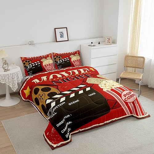 Miniatura 2 de Erosebridal Juego de edredón vintage de cine para niños y niñas, relleno de edredón de palomitas de maíz de cine rojo grunge, edredón estampado de
