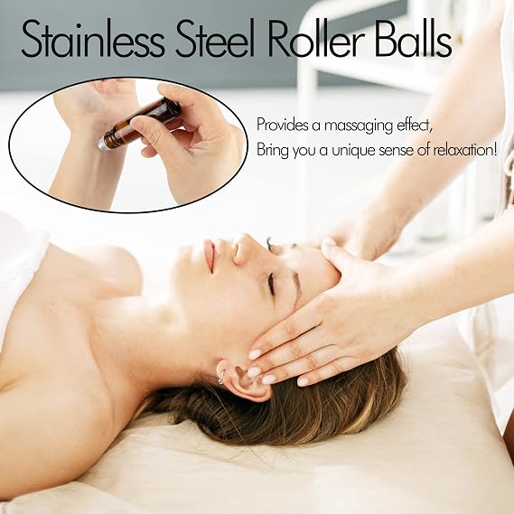 6 Pack Essential Oil Roller Bottles, 10ml Amber Glass Roll on Bottles with Stainless Steel Roller Balls, Labels, Openers, Funnels, Dropper