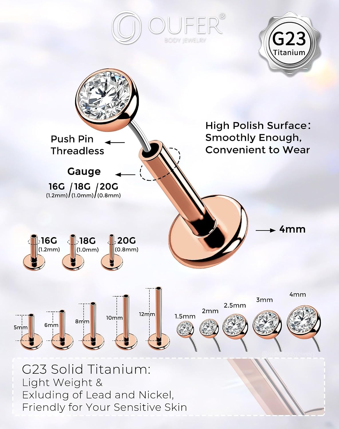 OUFER 2Pcs 20G/18G/16G G23 Titanium Threadless Nose Stud Earrings Flat Back Tiny CZ Small Nose Helix Cartilage Tragus Conch Labret Medusa Monroe Piercing Jewelry for Women Men image 2